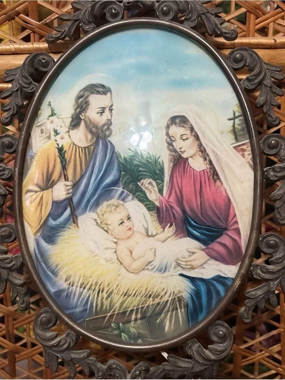 Vintage Religious Nativity Wall Plaque in Blue, Red, Cream